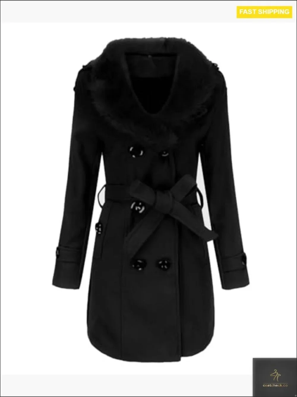 Faux Fur Trench Coat Double Breasted Belted Wool Blend Elegant Winter Overcoat